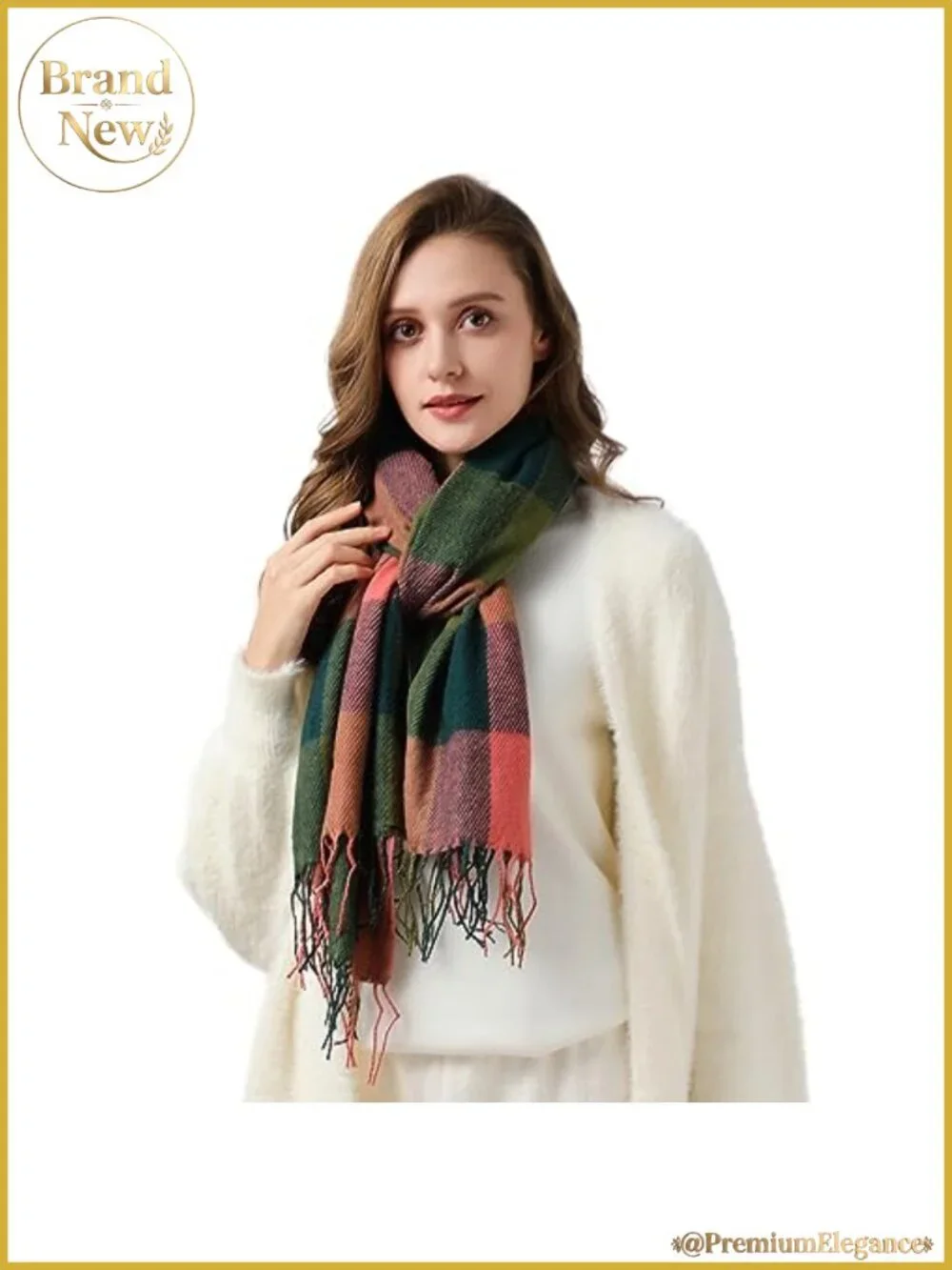 Acrylic Winter Scarf with Tassels and Plaid Design
